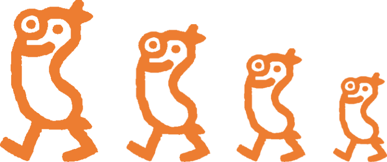 Logo Vier orangefarbene, stilisierte Figuren, die in einer Reihe gehen.