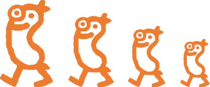 Vier stilisierte, orangefarbene Figuren in unterschiedlichen Größen, die gehend dargestellt werden.